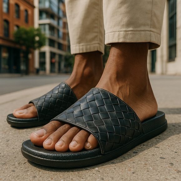 Vince Men's Watley Woven Leather Slide sandals Black Size